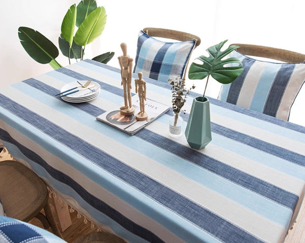 Rectangular Table Covers for Coffee Table, Blue Stripe Rectangular Tablecloth for Oval Table, Cotton and Linen Tablecloths, Modern Table Cloths for Dining Room-Art Painting Canvas