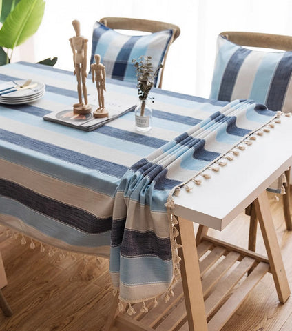 Blue Stripe Rectangular Tablecloth for Oval Table, Cotton and Linen Tablecloths, Rectangular Table Covers for Coffee Table, Modern Table Cloths for Dining Room-Art Painting Canvas