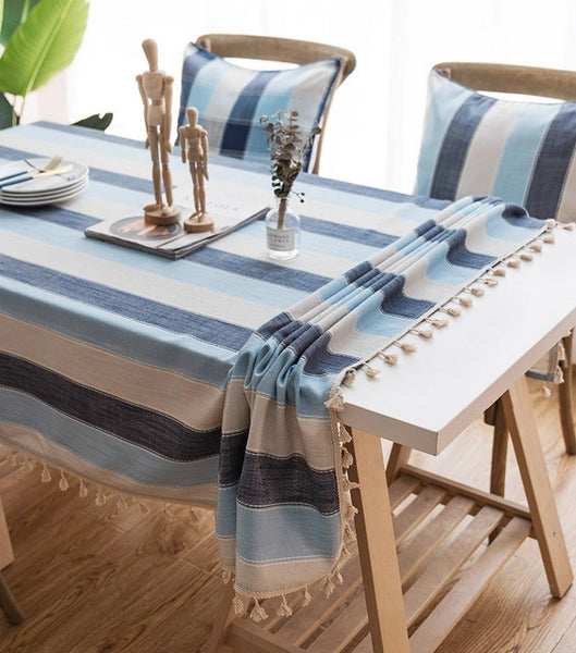 Rectangular Table Covers for Coffee Table, Blue Stripe Rectangular Tablecloth for Oval Table, Cotton and Linen Tablecloths, Modern Table Cloths for Dining Room-Art Painting Canvas