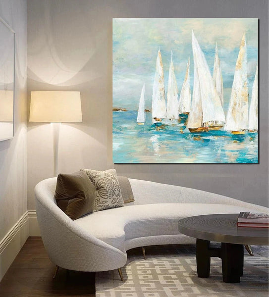 Sail Boat Painting, Hand Painted Abstract Painting, Abstract Landscape Painting, Extra Large Abstract Paintings on Canvas, Bedroom Wall Art Ideas-Art Painting Canvas