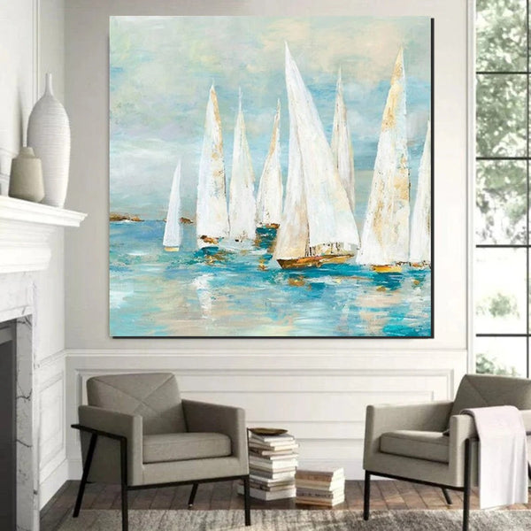 Sail Boat Painting, Hand Painted Abstract Painting, Abstract Landscape Painting, Extra Large Abstract Paintings on Canvas, Bedroom Wall Art Ideas-Art Painting Canvas