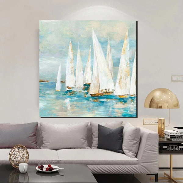 Sail Boat Painting, Hand Painted Abstract Painting, Abstract Landscape Painting, Extra Large Abstract Paintings on Canvas, Bedroom Wall Art Ideas-Art Painting Canvas