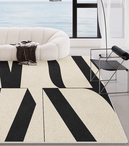 Ultra Modern Rugs for Living Room, Geometric Contemporary Rugs Next to Bed, Black Contemporary Modern Rugs, Modern Rugs for Dining Room-Art Painting Canvas