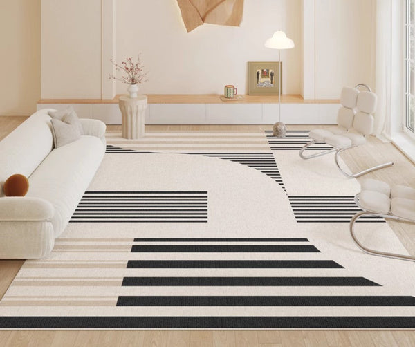 Modern Rugs for Dining Room, Contemporary Modern Rugs, Modern Rugs for Living Room, Black Stripe Abstract Contemporary Rugs Next to Bed-Art Painting Canvas