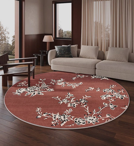 Abstract Contemporary Round Rugs, Modern Rugs for Dining Room, Flower Pattern Modern Rugs for Bathroom, Circular Modern Rugs under Coffee Table-Art Painting Canvas