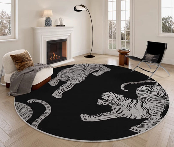 Modern Rugs for Dining Room, Tiger Black Modern Rugs for Bathroom, Abstract Contemporary Round Rugs, Circular Modern Rugs under Coffee Table-Art Painting Canvas