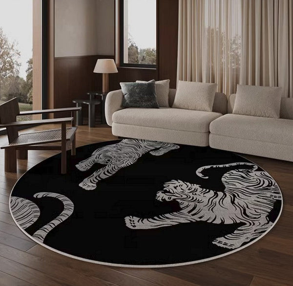 Modern Rugs for Dining Room, Tiger Black Modern Rugs for Bathroom, Abstract Contemporary Round Rugs, Circular Modern Rugs under Coffee Table-Art Painting Canvas