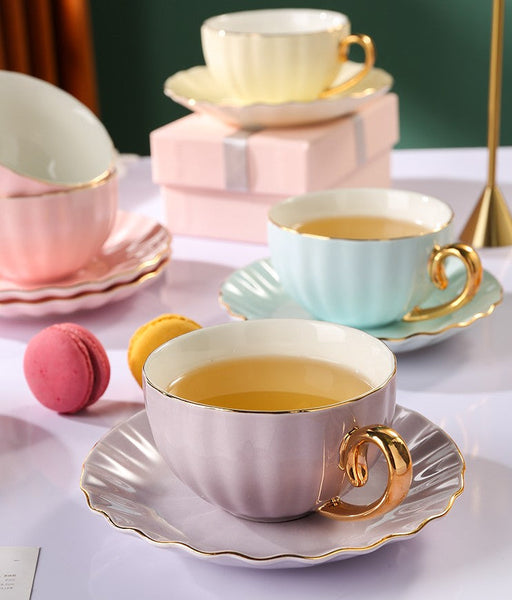 Macaroon Ceramic Coffee Cups, Unique Tea Cups and Saucers in Gift Box as Birthday Gift, Beautiful Elegant British Tea Cups, Creative Bone China Porcelain Tea Cup Set-Art Painting Canvas