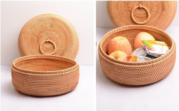 Woven Storage Basket with Lid, Lovely Rattan Basket for Kitchen, Storage Basket for Dining Room, Woven Round Baskets-Art Painting Canvas