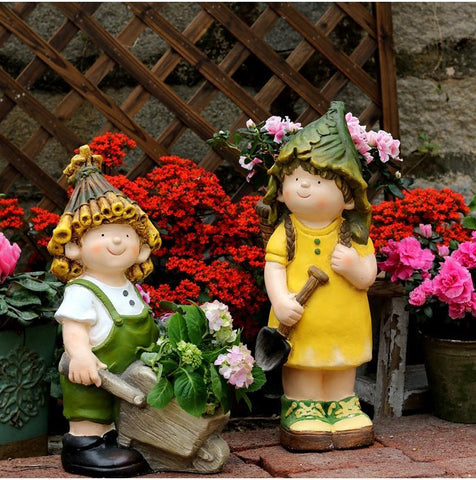 Large Boy Cart and Girl Carry Basket Statues, Flower Pot, Garden Courtyard Ornament, Gardening Ideas, House Warming Gift-Art Painting Canvas