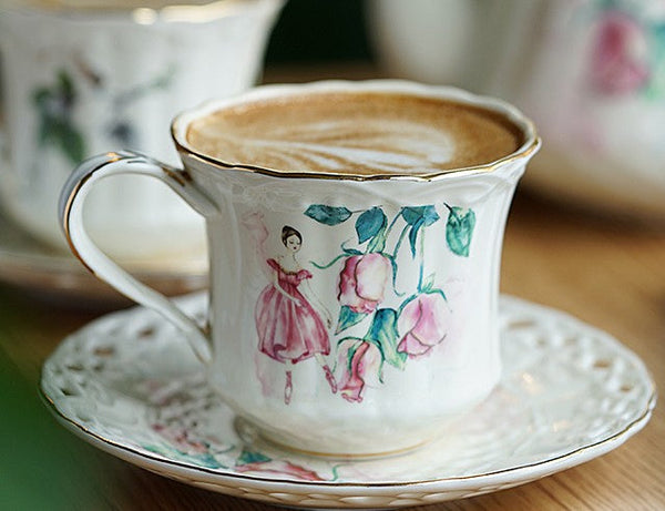 Elegant British Tea Cups, Beautiful Bone China Porcelain Tea Cup Set, Traditional English Tea Cups and Saucers, Unique Ceramic Coffee Cups-Art Painting Canvas