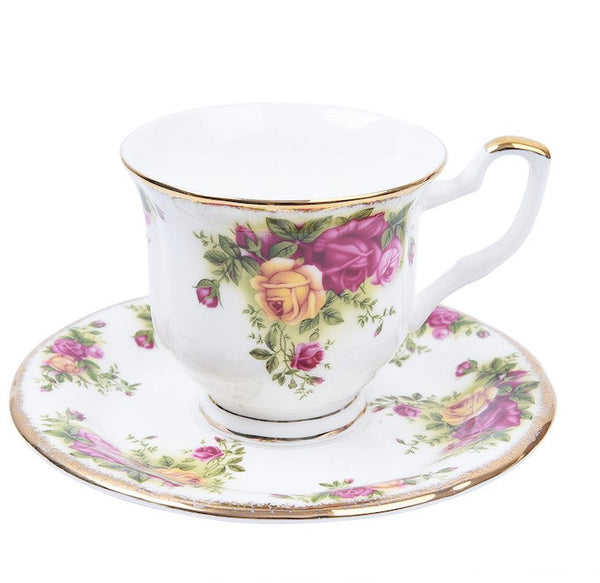 Beautiful British Flower Tea Cups, Unique Porcelain Cup and Saucer, Elegant Ceramic Coffee Cups, Creative Bone China Porcelain Tea Cup Set-Art Painting Canvas