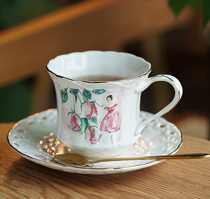 Elegant British Tea Cups, Beautiful Bone China Porcelain Tea Cup Set, Traditional English Tea Cups and Saucers, Unique Ceramic Coffee Cups-Art Painting Canvas