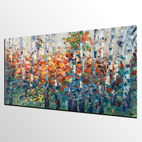 Birch Tree Painting, Impasto Art, Large Canvas Art, Bedroom Canvas Painting, Custom Extra Large Painting-Art Painting Canvas