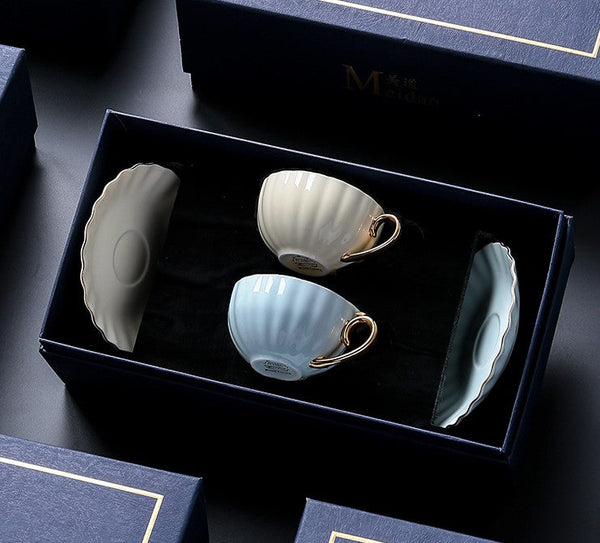 Macaroon Ceramic Coffee Cups, Unique Tea Cups and Saucers in Gift Box as Birthday Gift, Beautiful Elegant British Tea Cups, Creative Bone China Porcelain Tea Cup Set-Art Painting Canvas