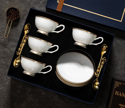 Elegant British Ceramic Coffee Cups, Bone China Porcelain Coffee Cup Set, White Ceramic Cups, Unique Tea Cup and Saucer in Gift Box-Art Painting Canvas