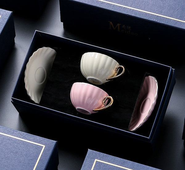 Macaroon Ceramic Coffee Cups, Unique Tea Cups and Saucers in Gift Box as Birthday Gift, Beautiful Elegant British Tea Cups, Creative Bone China Porcelain Tea Cup Set-Art Painting Canvas