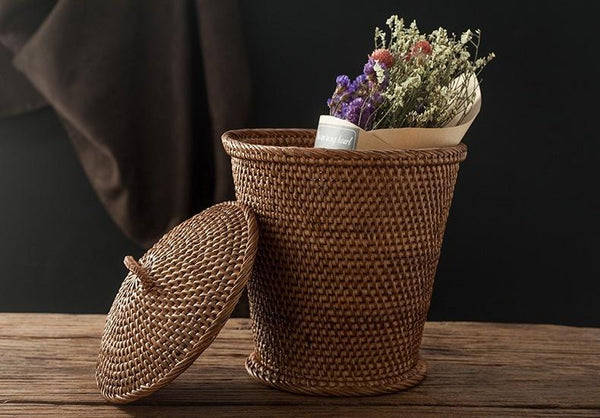 Indonesia Hand Woven Storage Basket with Cover, Natural Fiber Baskets, Small Rustic Basket-Art Painting Canvas