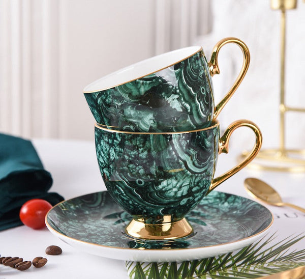 Beautiful British Green Tea Cups, Unique Porcelain Cup and Saucer, Royal Ceramic Coffee Cups, Creative Bone China Porcelain Tea Cup Set-Art Painting Canvas