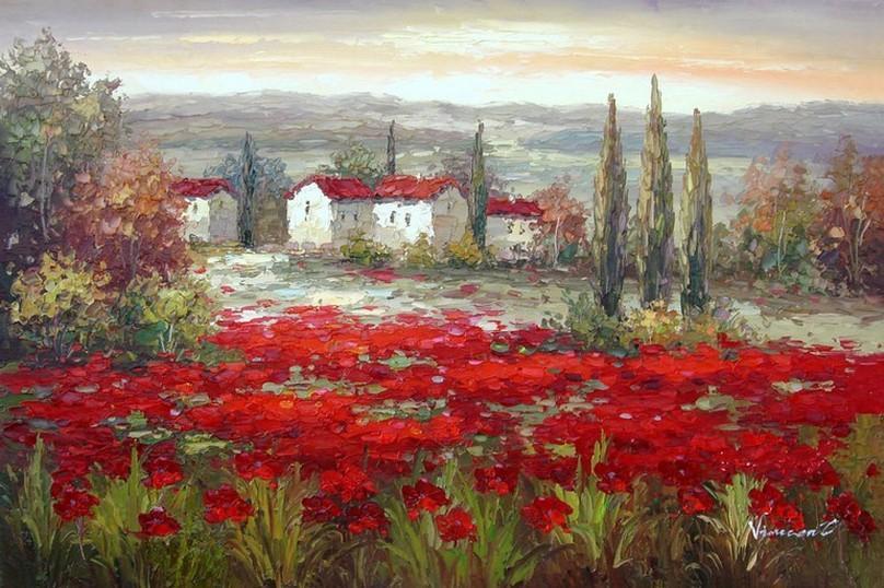 Red Poppy Field, Canvas Art, Large Art, Flower Field, Wall Art, Landscape Painting, Living Room Wall Art, Large Wall Art, Large Oil Painting, Canvas Wall Art-Art Painting Canvas