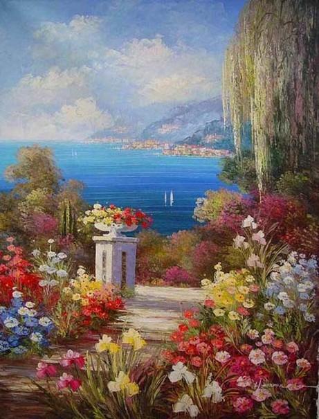 Landscape Painting, Summer Resort Painting, Wall Art, Mediterranean Sea Painting, Canvas Painting, Kitchen Wall Art, Oil Painting, Seascape, France Summer Resort-Art Painting Canvas