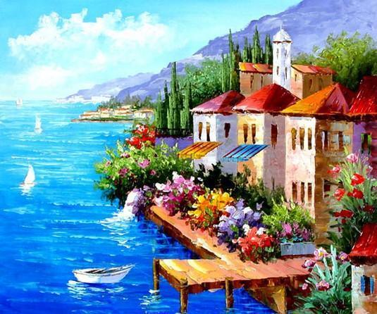 Landscape Painting, Mediterranean Sea Painting, Canvas Painting, Wall Art, Large Painting, Bedroom Wall Art, Oil Painting, Canvas Art, Boat Painting, Italy Summer Resort-Art Painting Canvas