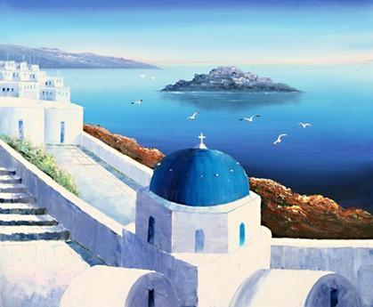 Landscape Painting, Summer Resort Painting, Mediterranean Sea Painting, Kitchen Wall Art, Oil Painting, Canvas Art, Seascape, Greece Summer Resort-Art Painting Canvas