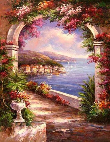 Canvas Painting, Landscape Painting, Wall Art, Canvas Painting, Large Painting, Bedroom Wall Art, Oil Painting, Canvas Art, Garden Flower, Italy Summer Resort-Art Painting Canvas