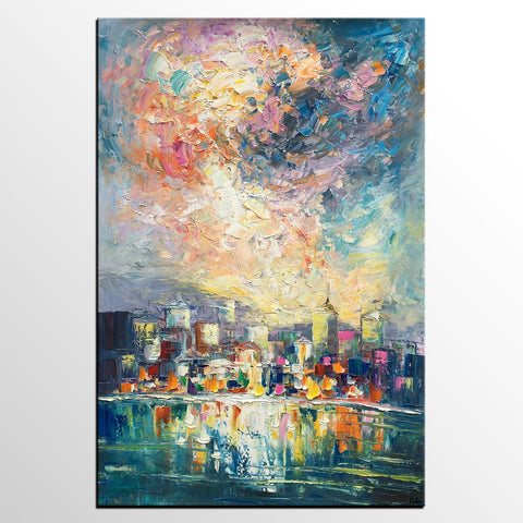 Abstract Landscape Painting, Heavy Texture Wall Art Paintings, Custom Original Paintings on Canvas, Cityscape Painting-Art Painting Canvas