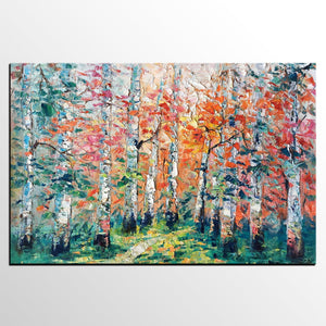 Abstract Landscape Painting, Custom Canvas Painting for Living Room, Heavy Texture Canvas Painting, Autumn Birch Tree-Art Painting Canvas