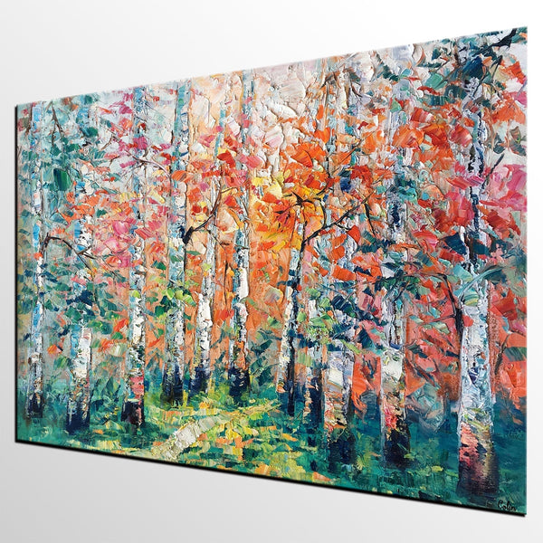 Abstract Landscape Painting, Custom Canvas Painting for Living Room, Heavy Texture Canvas Painting, Autumn Birch Tree-Art Painting Canvas