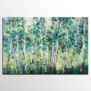 Heavy Texture Canvas Painting, Abstract Landscape Painting, Custom Canvas Painting, Autumn Birch Tree-Art Painting Canvas