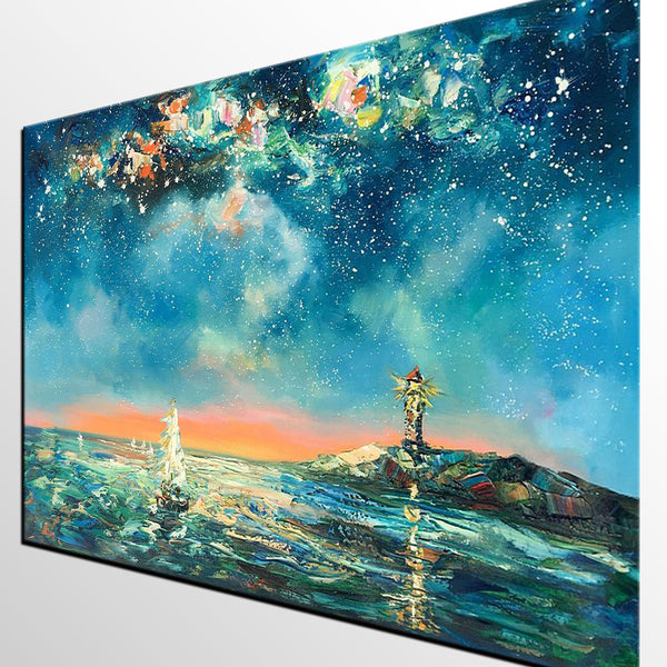 Canvas Painting, Abstract Art, Starry Night Light House Painting, Custom Landscape Wall Art, Original Painting-Art Painting Canvas