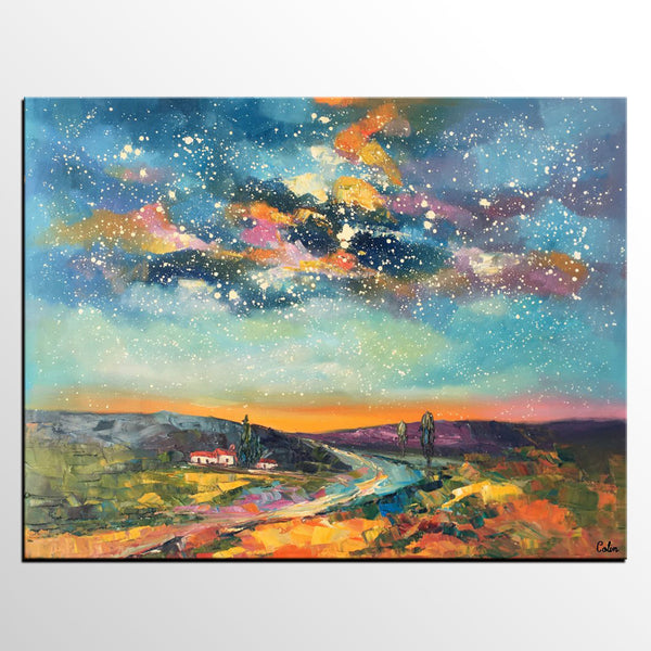 Canvas Wall Art, Abstract Landscape Art, Starry Night Sky, Bedroom Wall Art, Custom Abstract Art Painting, Oil Painting-Art Painting Canvas