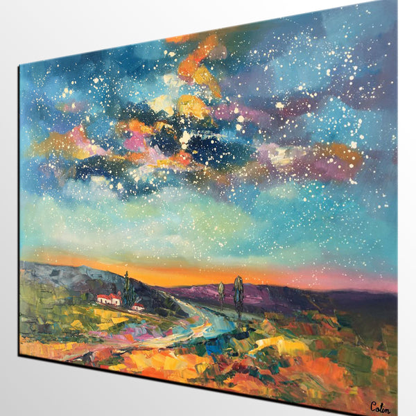 Canvas Wall Art, Abstract Landscape Art, Starry Night Sky, Bedroom Wall Art, Custom Abstract Art Painting, Oil Painting-Art Painting Canvas