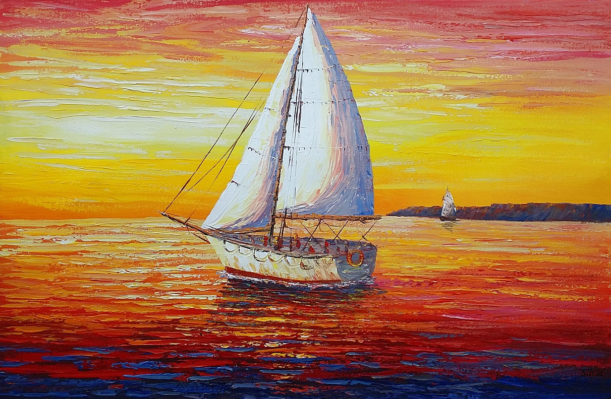 Seascape, Sail Boats at Sea, Oil Painting, Palette Knife Painting ...